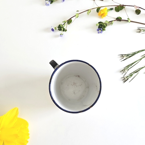 Antique K.E.R. Sweden White Enamelware Cup Blue White Trim Coffee Small Teacup - Picture 3 of 16